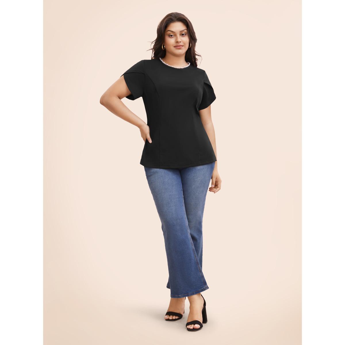 Plus Size Black Pearl Beaded Petal Sleeve Stretch Blouse Women Elegant Half Sleeve Round Neck Everyday Blouses BloomChic 10/M Product Image