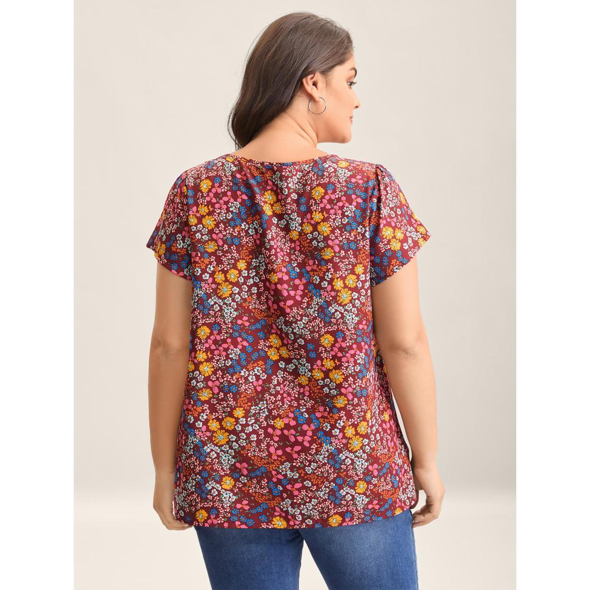 Plus Size Burgundy Multi-Color Floral Print Lace Spliced Blouse Women Timeless Cap Sleeve Round Neck Elegant Blouses BloomChic 12/L Product Image