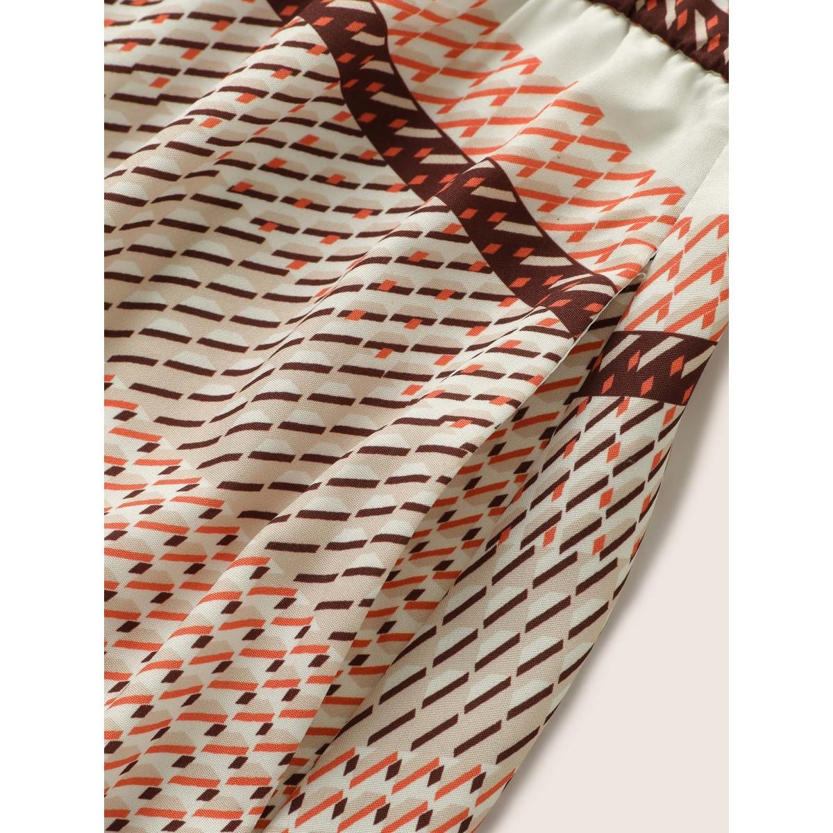 Plus Size Geo Graphic Belted Curved Hem Shirt Collar Dress LightBrown Women At the Office Non Shirt collar Short sleeve Curvy Midi Dress BloomChic 30/6X Product Image