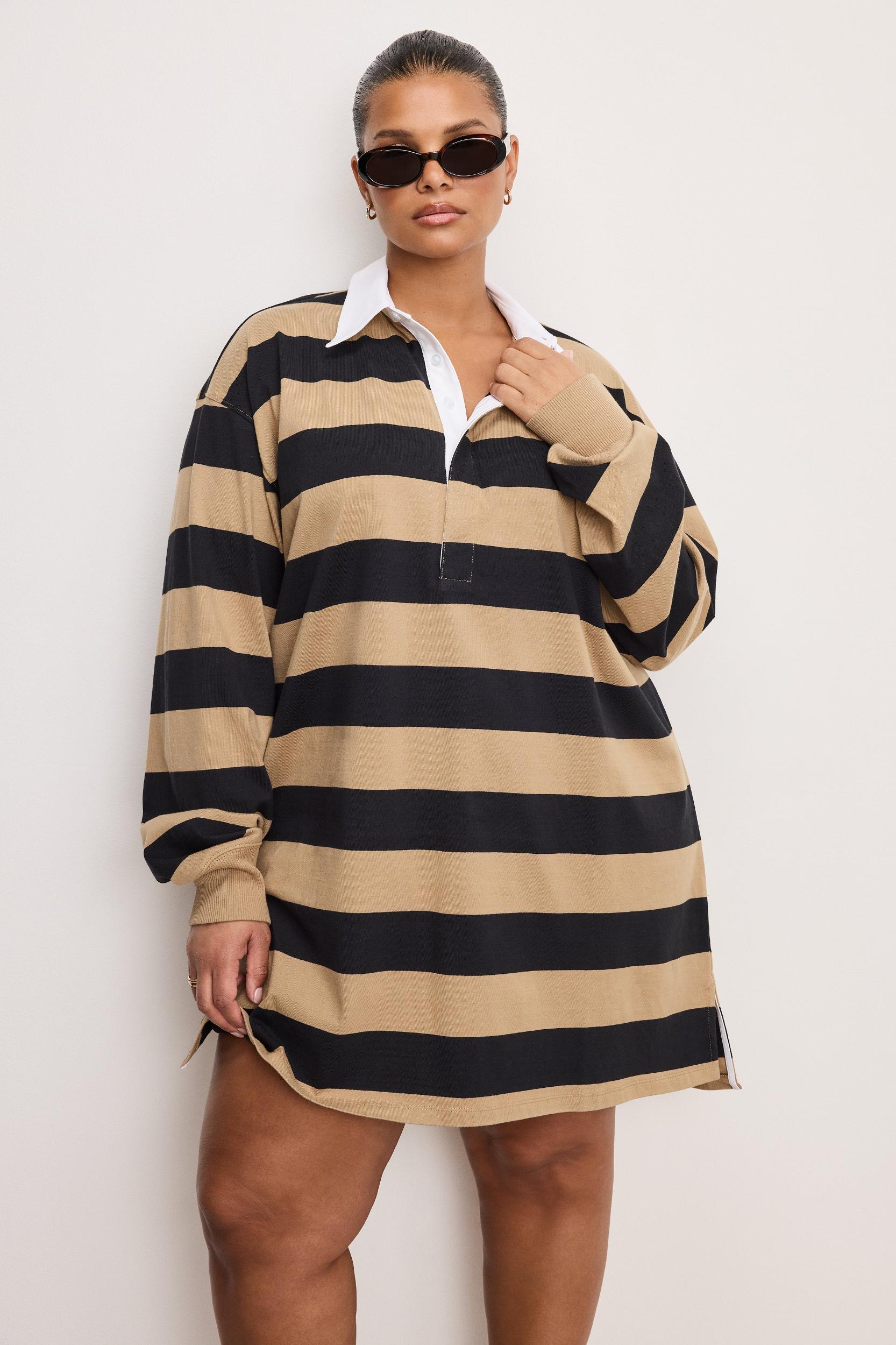 JERSEY POLO MINI DRESS | GOOD KHAKI AND BLACK RUGBY STRIPE001 Product Image