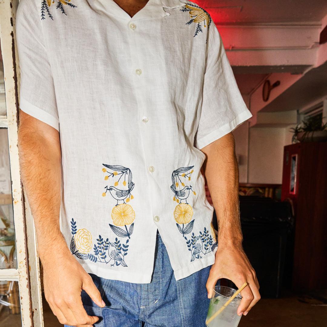 Bird Embroidery Camp Shirt - White Product Image
