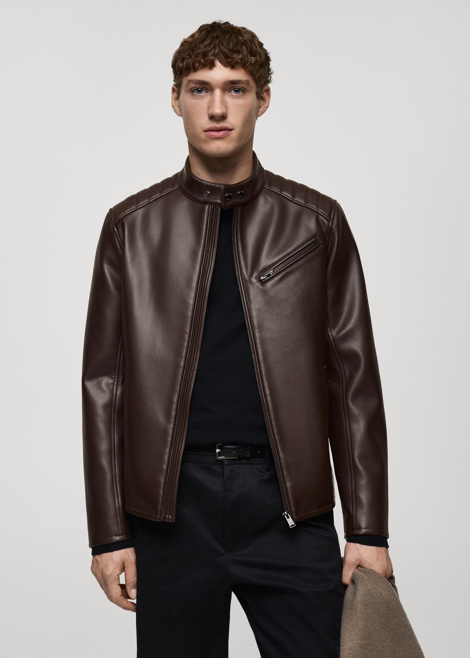 Leather-effect jacket with stitching detail - Men | MANGO USA Product Image