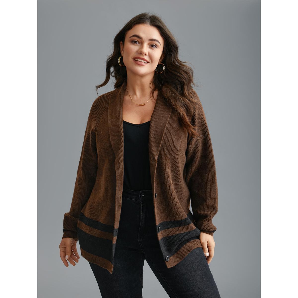 Plus Size Collared Button Front Striped Hem Knit Cardigan DarkBrown Women Casual Loose Long Sleeve Everyday Cardigans BloomChic 26/4X Product Image