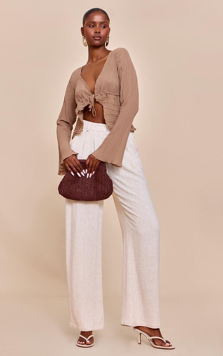 Mushroom Sheer Plisse Tie Front Flute Sleeve Blouse Product Image