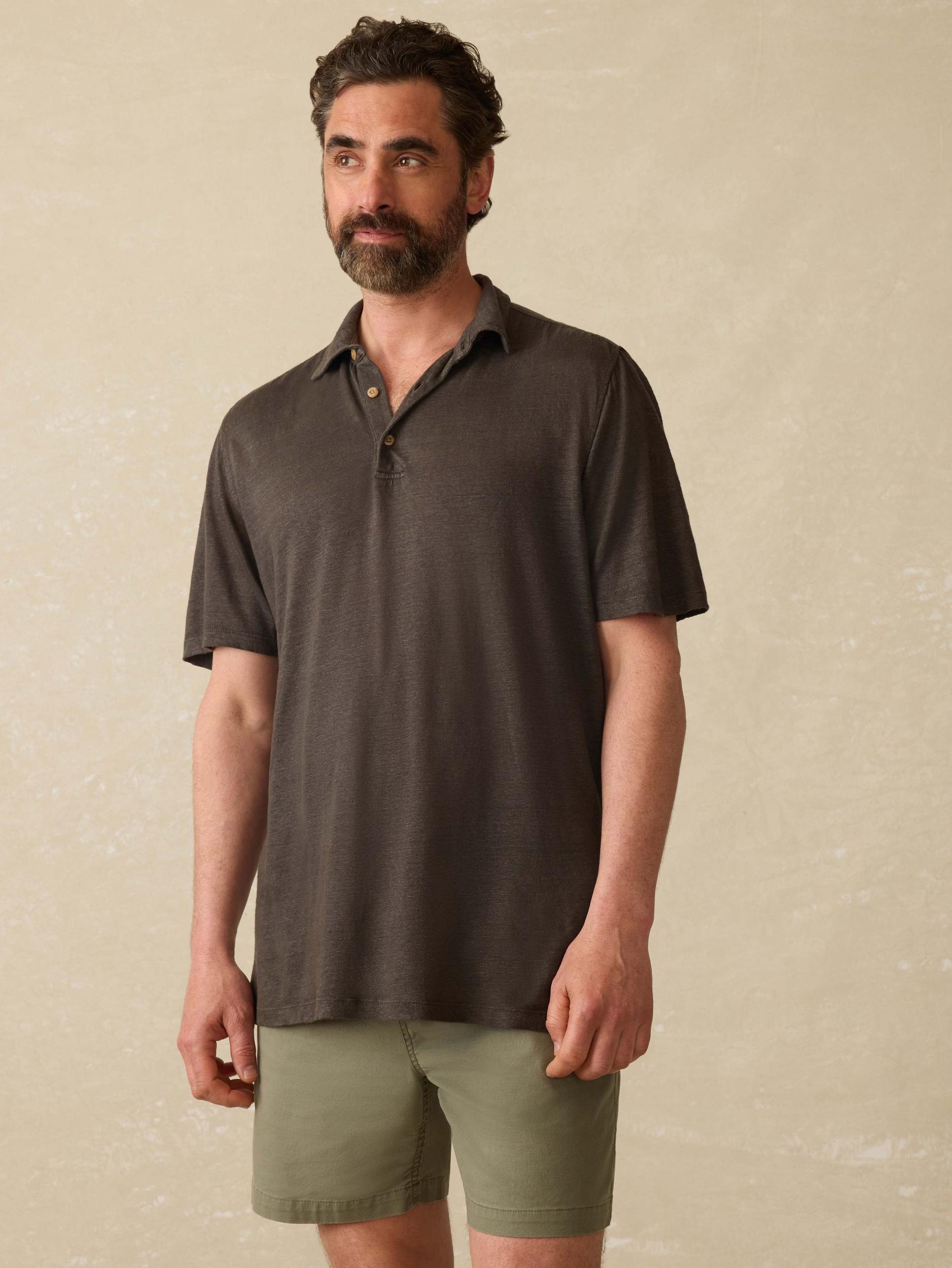 Short-Sleeve Linen Polo - Washed Black Male Product Image