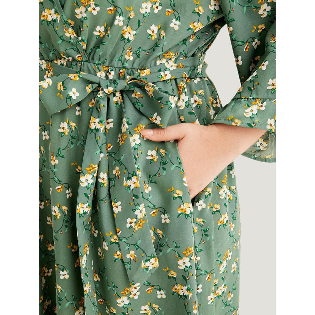 Plus Size Floral Print Surplice Neck Flutter Trim Dress Green Women Elegant Printed V-neck Elbow-length sleeve Curvy Midi Dress BloomChic 30/6X Product Image