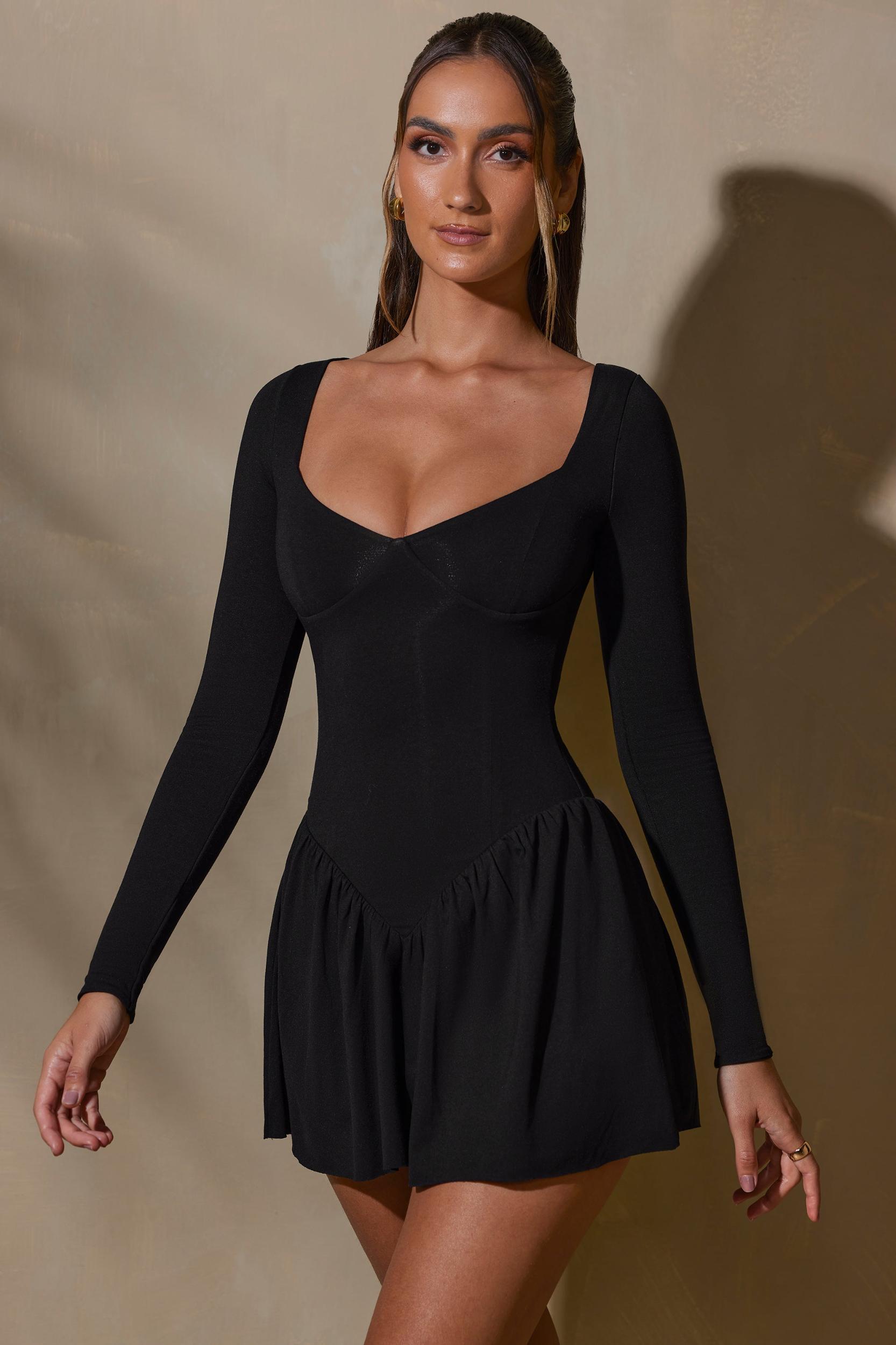 Long Sleeve Layered A-Line Mini Dress in Black Product Image