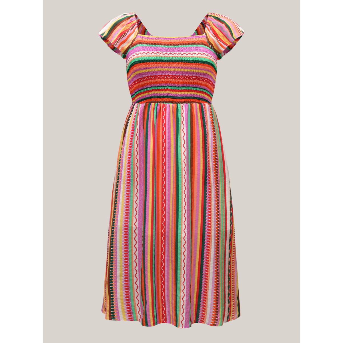 Plus Size Colorful Stripe Flutter Sleeve Pockets Midi Dress Multicolor Women Playful Square Neck Cap Sleeve Curvy BloomChic 10/M Product Image
