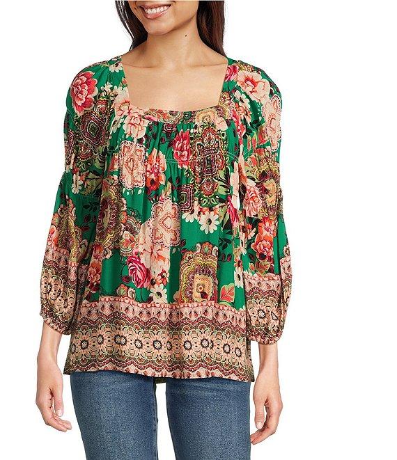 Figueroa & Flower Woven Border Print Square Neck 3/4 Sleeve Blouse Product Image