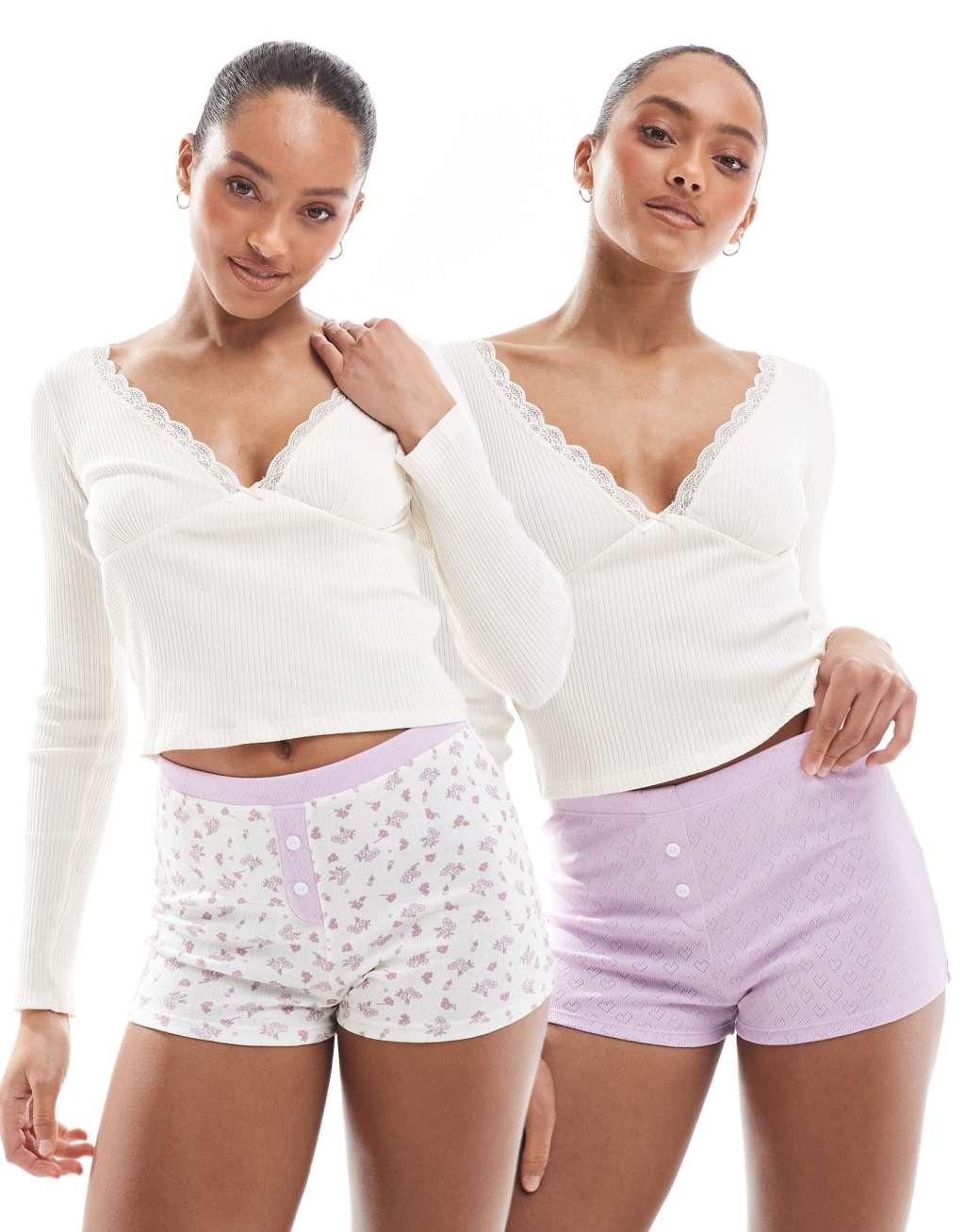 ASOS DESIGN Felicity 2 pack boxer in ditsy print and lilac pointelle Product Image