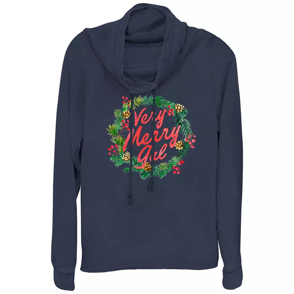 Women's Very Merry Gal Christmas Wreath Cowlneck Graphic Lightweight Long Sleeve, Size: XS, Blue Product Image