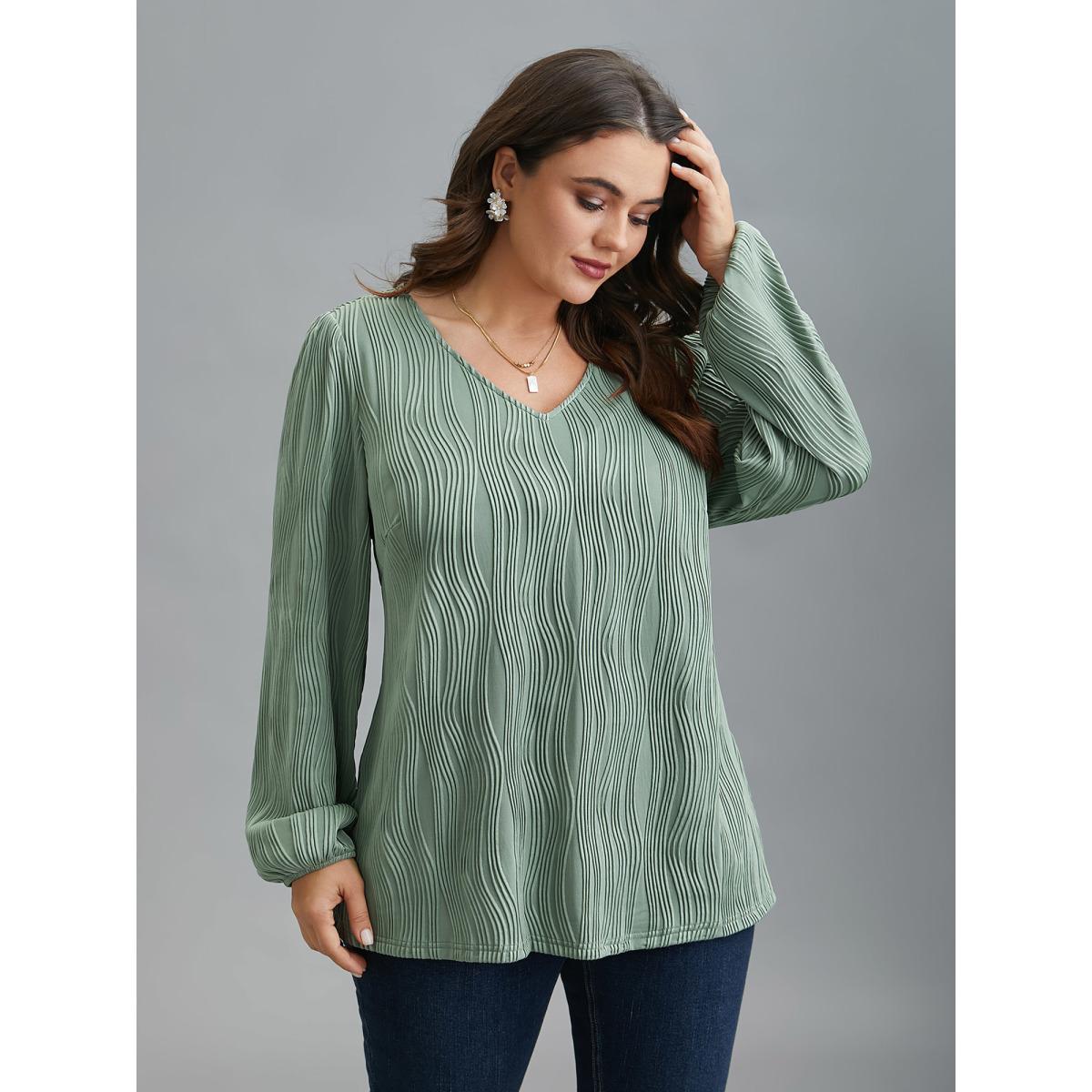 Plus Size Greenbean V-Neck Textured Balloon Sleeve Blouse Women Elegant Extra Long Sleeve Flat collar with V-notch Everyday Blouses BloomChic 18-20/2X Product Image