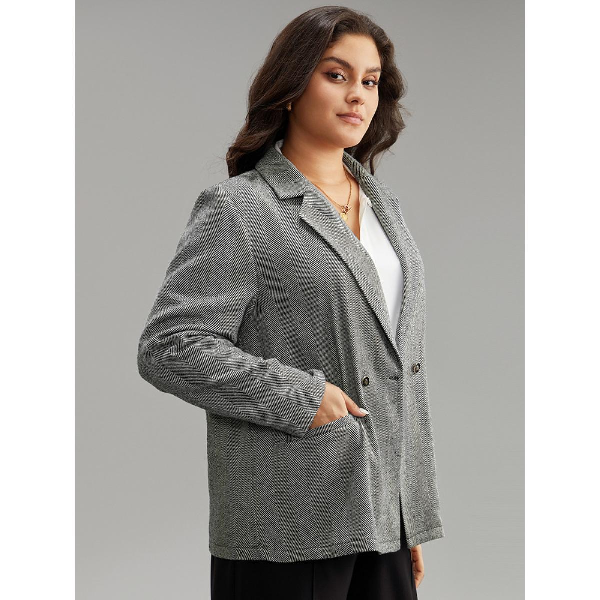 Plus Size Geo Striped Patched Pocket Button Down Blazer Gray Women Office Geometric Texture Sleeve Long Sleeve Suit Collar 28/5X Pocket Office Blazers BloomChic Product Image