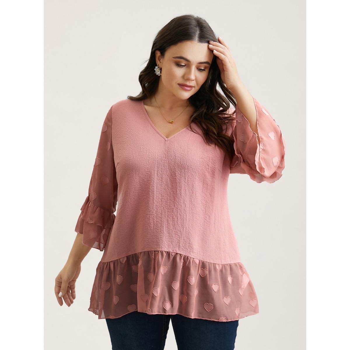 Plus Size Rouge Love Textured Patchwork Sheer Tiered Ruffles Blouse Women Elegant Elbow-length sleeve V-neck Everyday Blouses BloomChic 14-16/1X Product Image