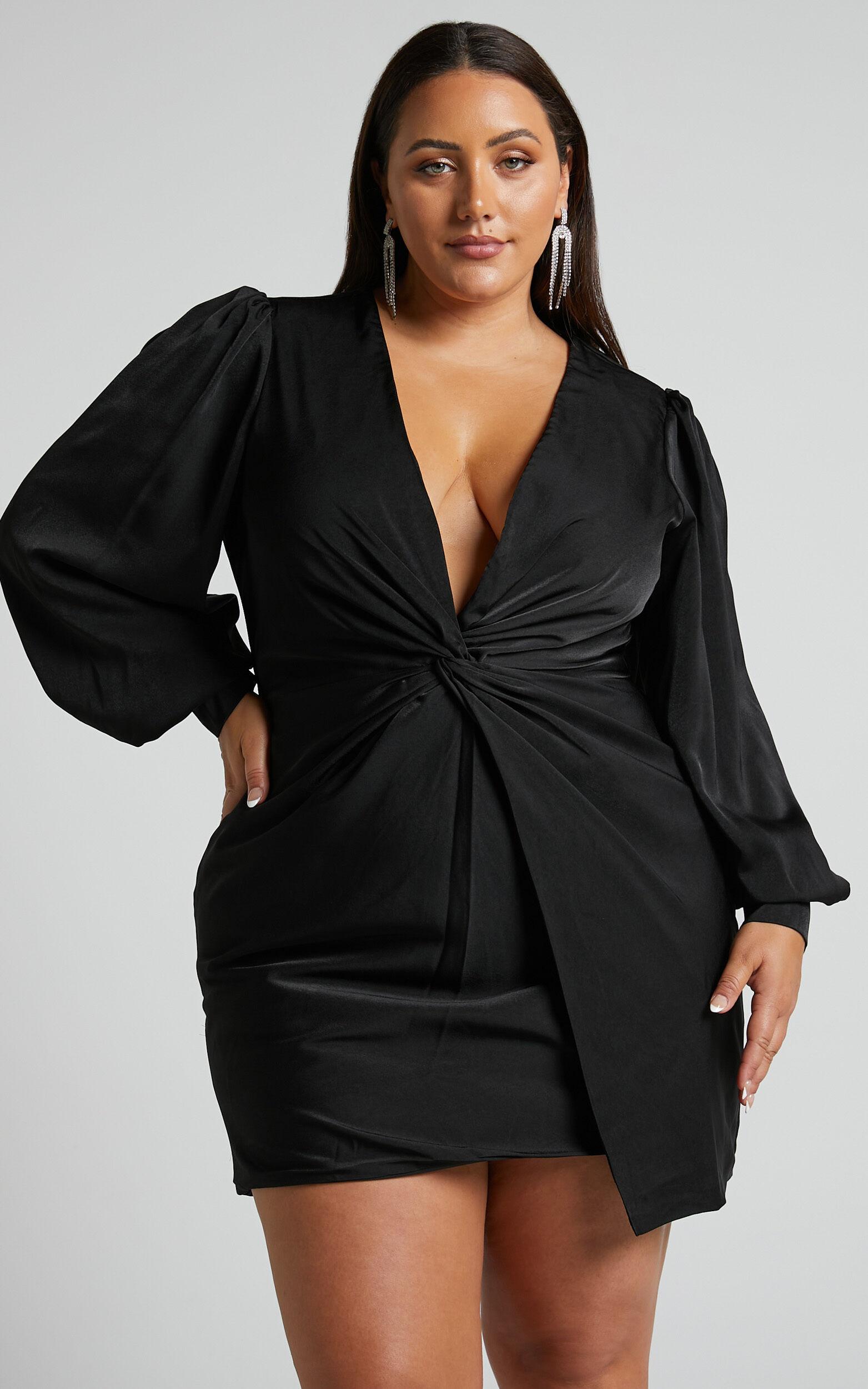 Billie Mini Dress - Twist Front Long Puff Sleeves Dress in Black Product Image