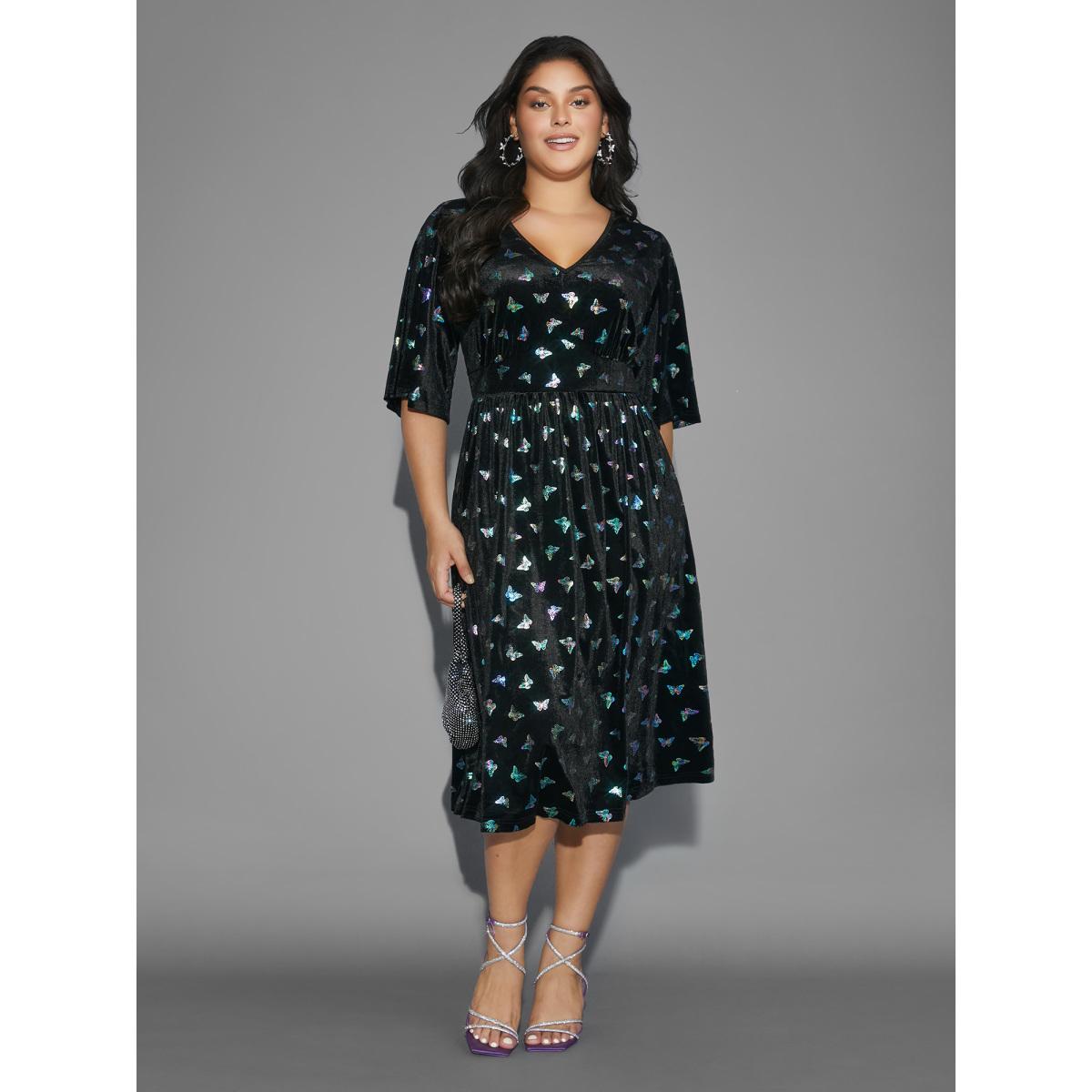 Plus Size Butterfly Glitter Flutter Sleeve Midi Dress BlackFlower Women Cocktail Texture Party Curvy Bloomchic 26/4X Product Image