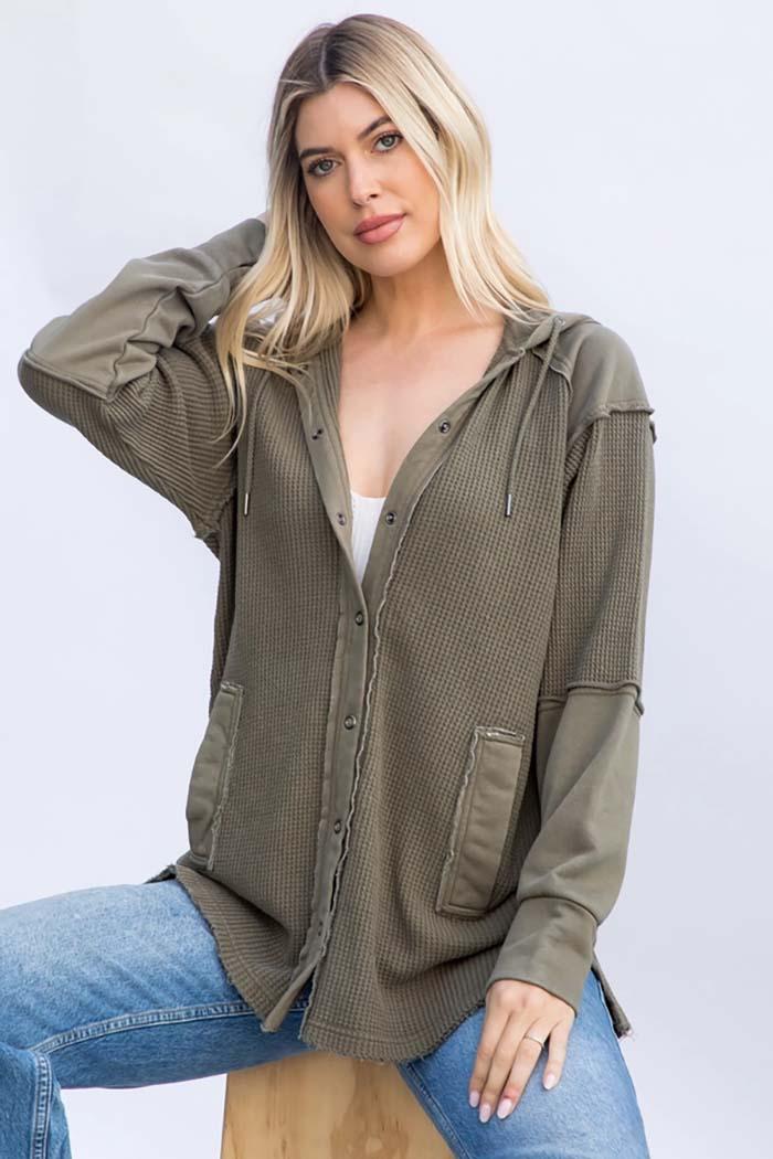 Garment Dye Heavy Knit Waffle Hoodie Shacket Product Image