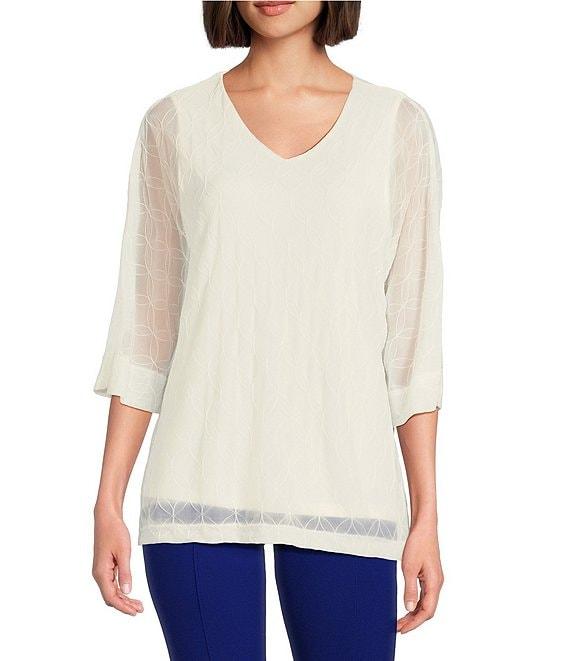 Slim Factor by Investments V-Neck 3/4 Sleeve Textured Overlay Top Product Image