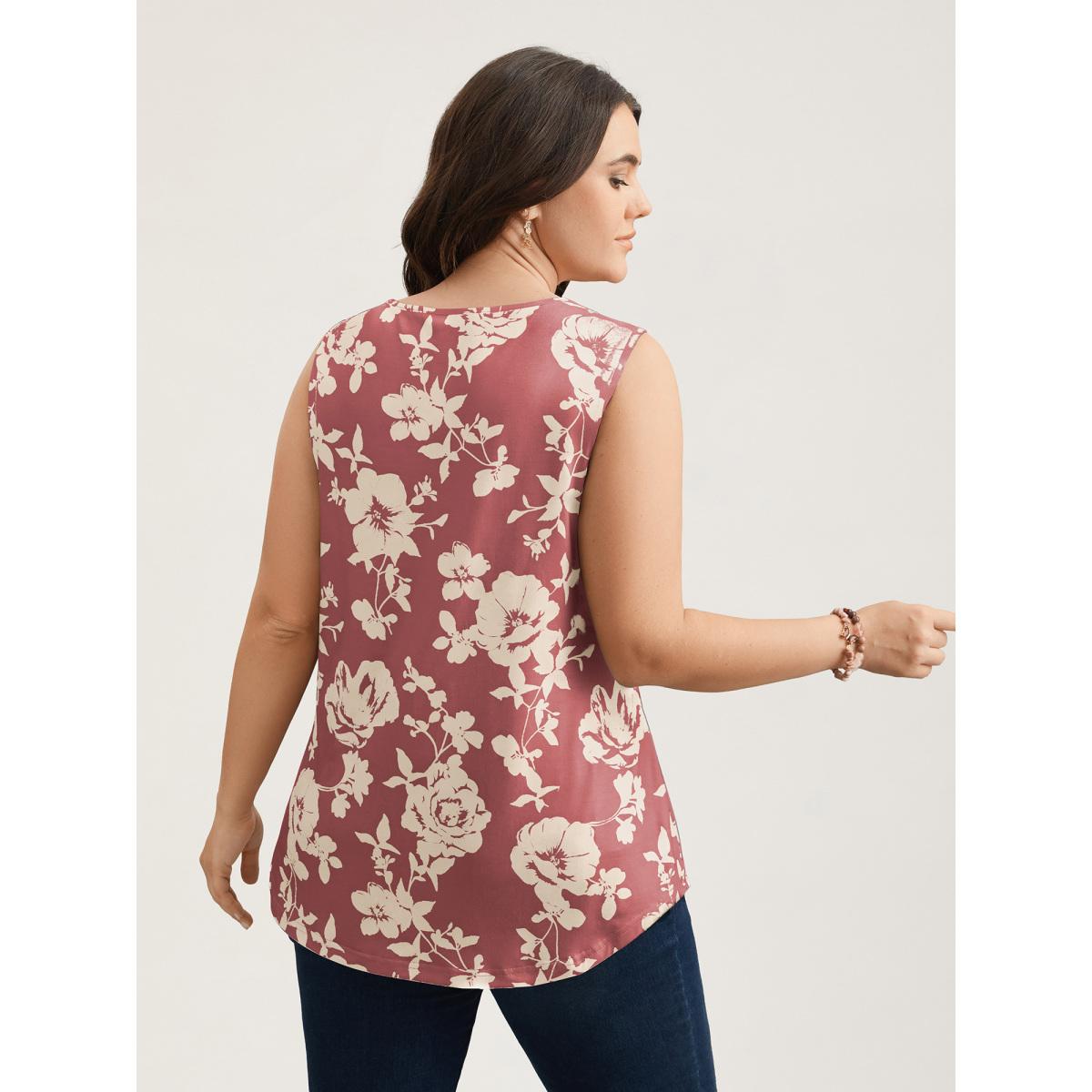 Plus Size Rosy Print Neck-Tie Fitted Vest Women DustyPink Elegant Contrast U-neck Everyday Tank Tops Camis BloomChic 22-24/3X Product Image