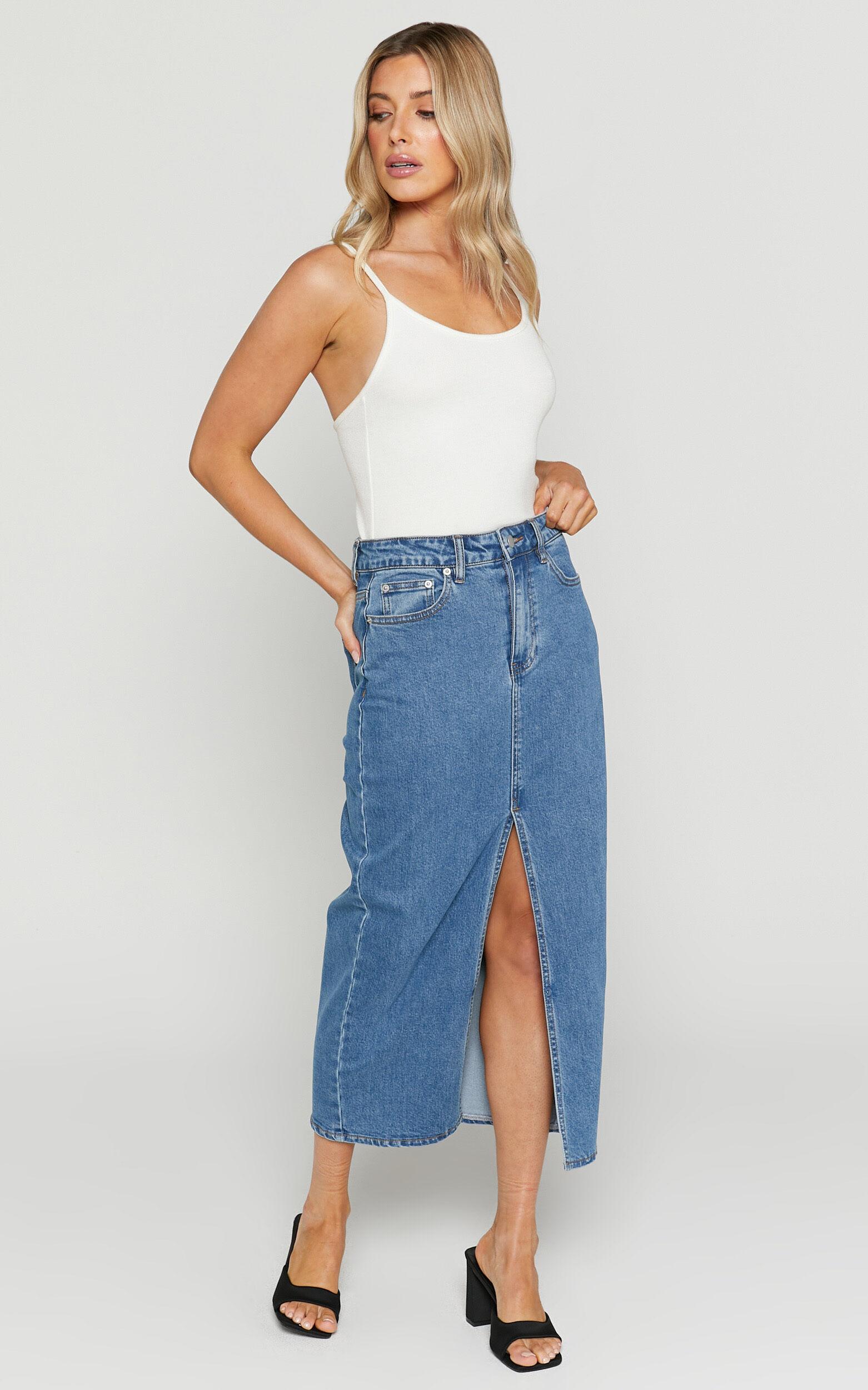 Anaya Midi Skirt - Denim Skirt in Mid Blue Wash Product Image