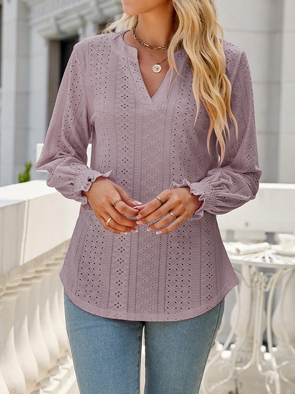 Long Sleeves Loose Elasticity Hollow Solid Color V-Neck T-Shirts Tops Product Image