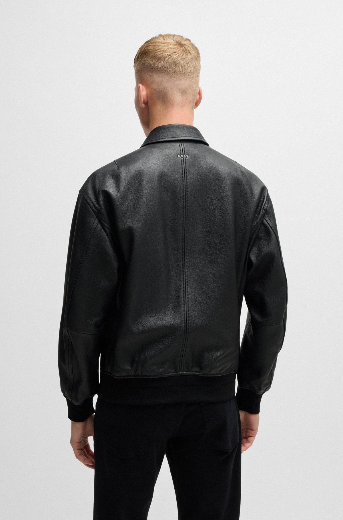 BOSS - Relaxed-fit bomber jacket in treated leather - Black Product Image