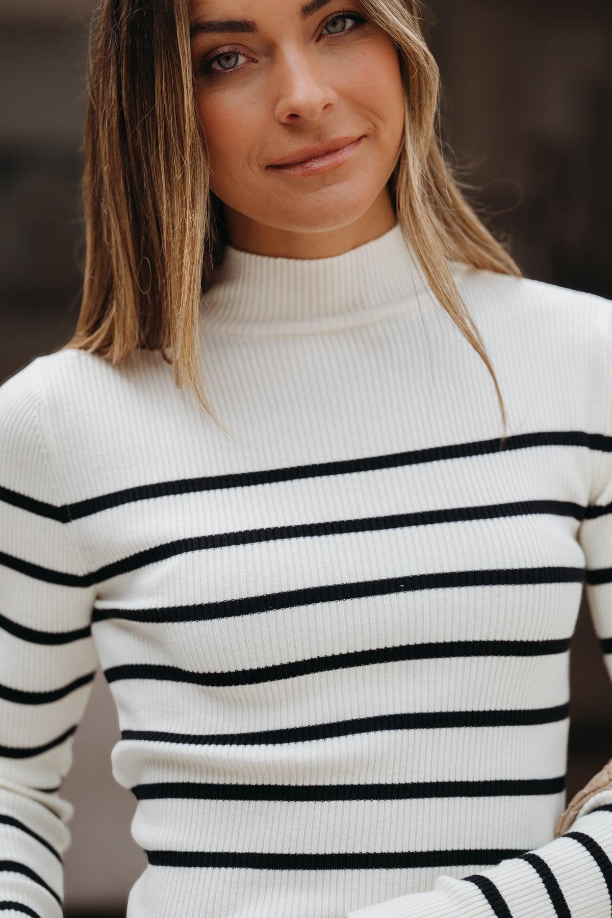 Cream and Black Striped Mock Neck Top - FINAL SALE Product Image