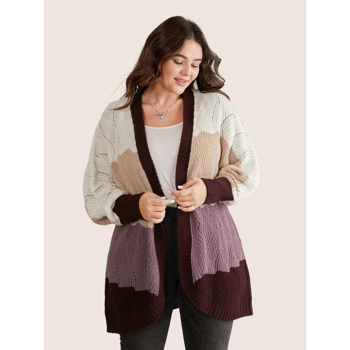 Plus Size Colorblock Contrast Texture Dolman Sleeve Cardigan Burgundy Women Casual Long Sleeve Everyday Cardigans BloomChic 14-16/1X Product Image