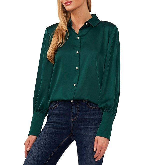 CeCe Satin Point Collar Long Sleeve Tall Cuff Pearl Button Front Blouse Product Image