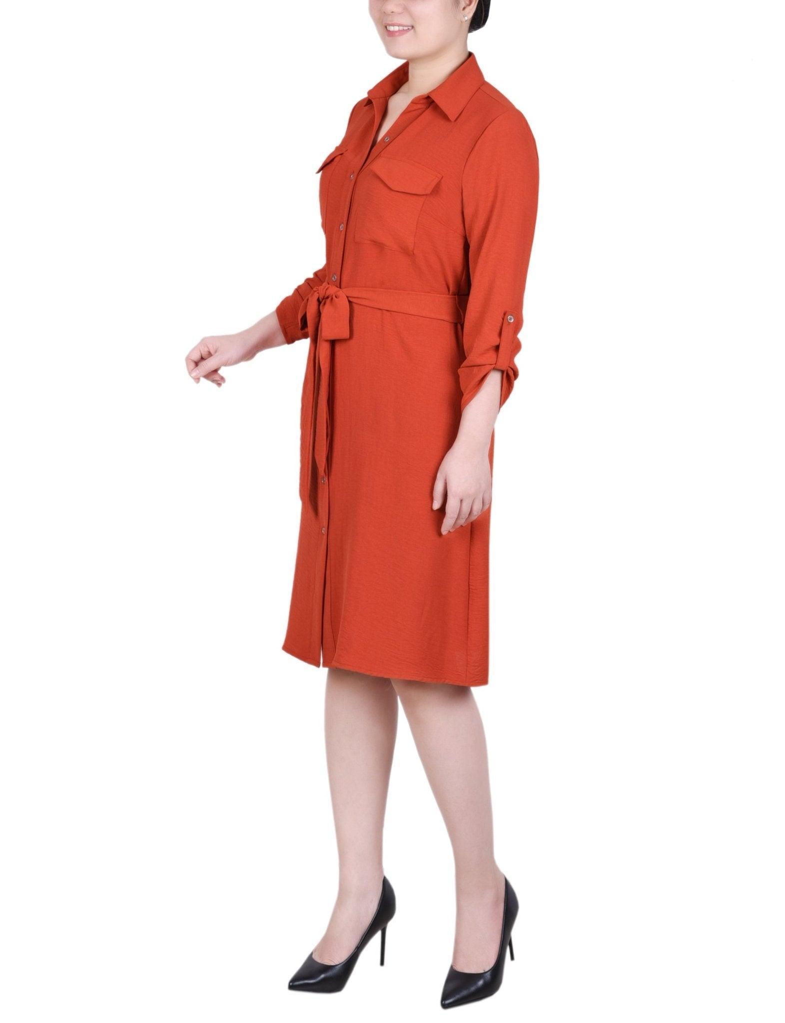 Burnt Olive Long Roll Tab Sleeve Shirtdress Product Image