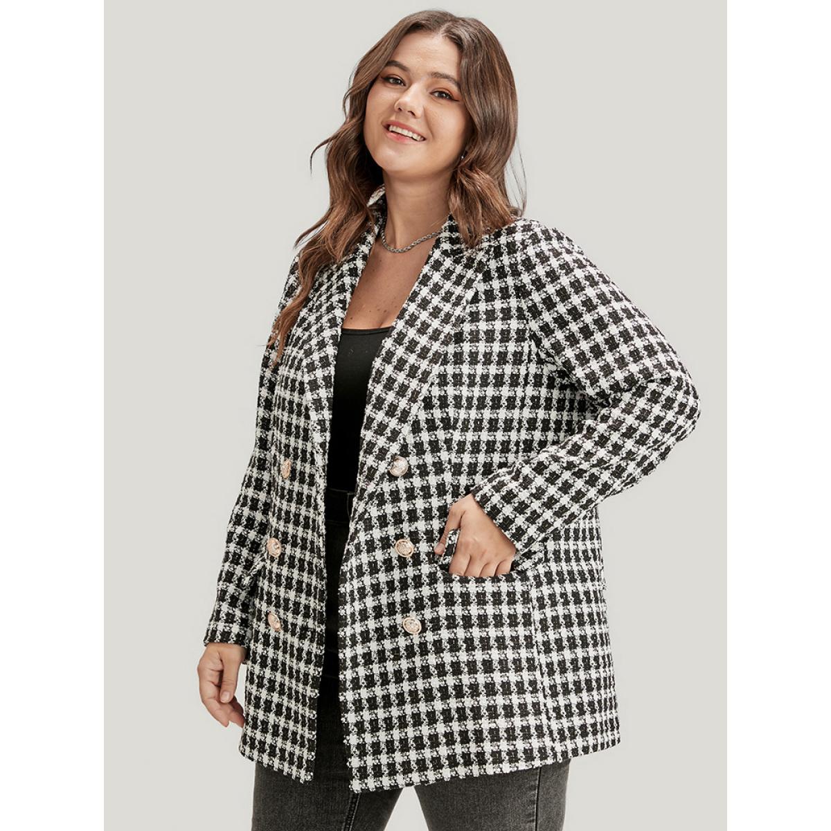 Plus Size Gingham Button Front Flap Pocket Blazer Black Women Work Gingham Pocket Sleeve Long Sleeve Lapel Collar 10/M Pocket Office Blazers BloomChic Product Image