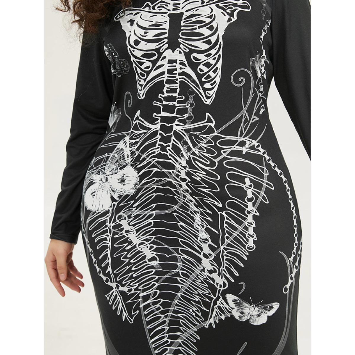 Plus Size Halloween Skull Print Mermaid Hem Dress Black Women Elegant Printed Round Neck Long Sleeve Curvy Long Dress BloomChic 14-16/1X Product Image