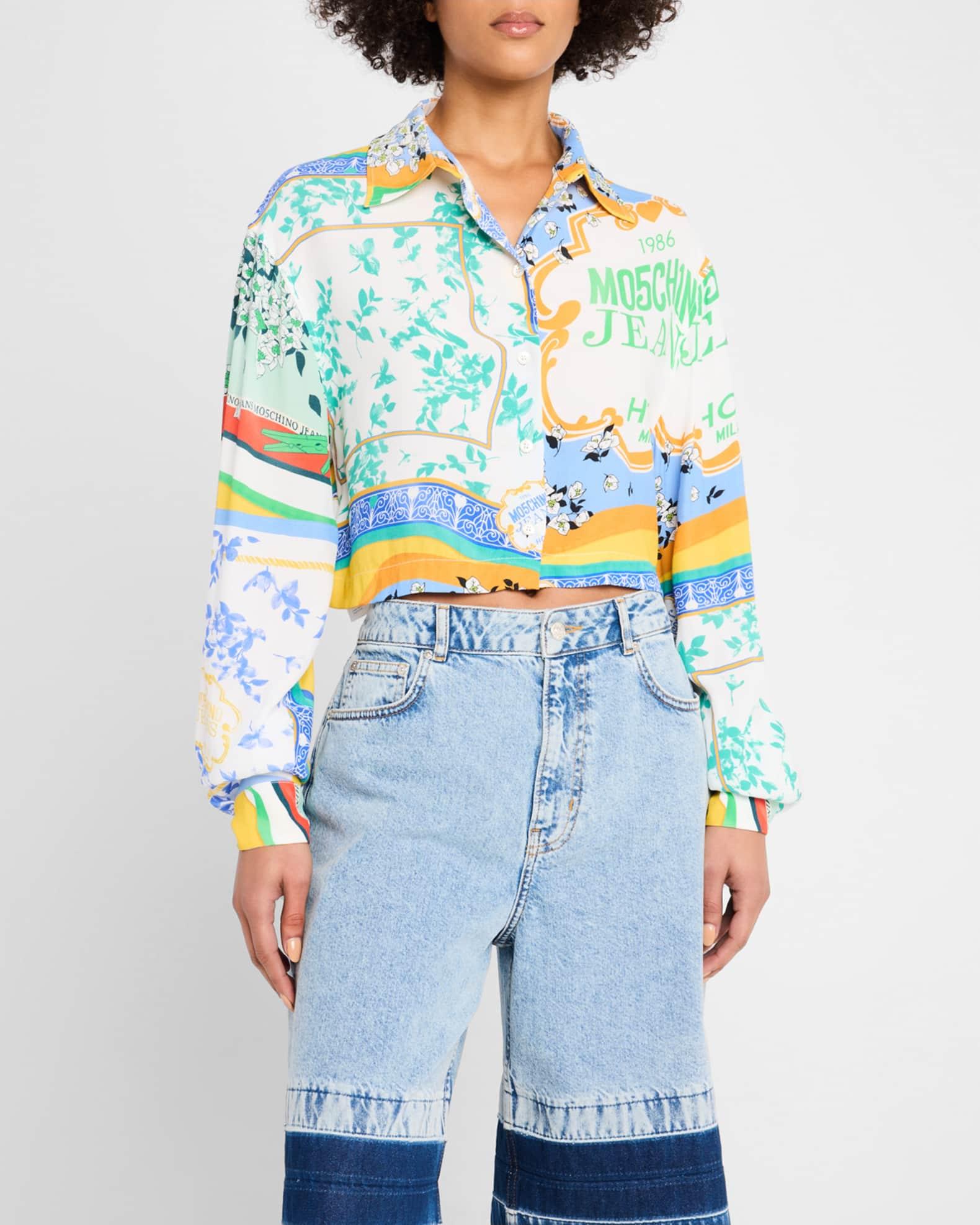 Cropped Long-Sleeve Scarf-Print Blouse Product Image