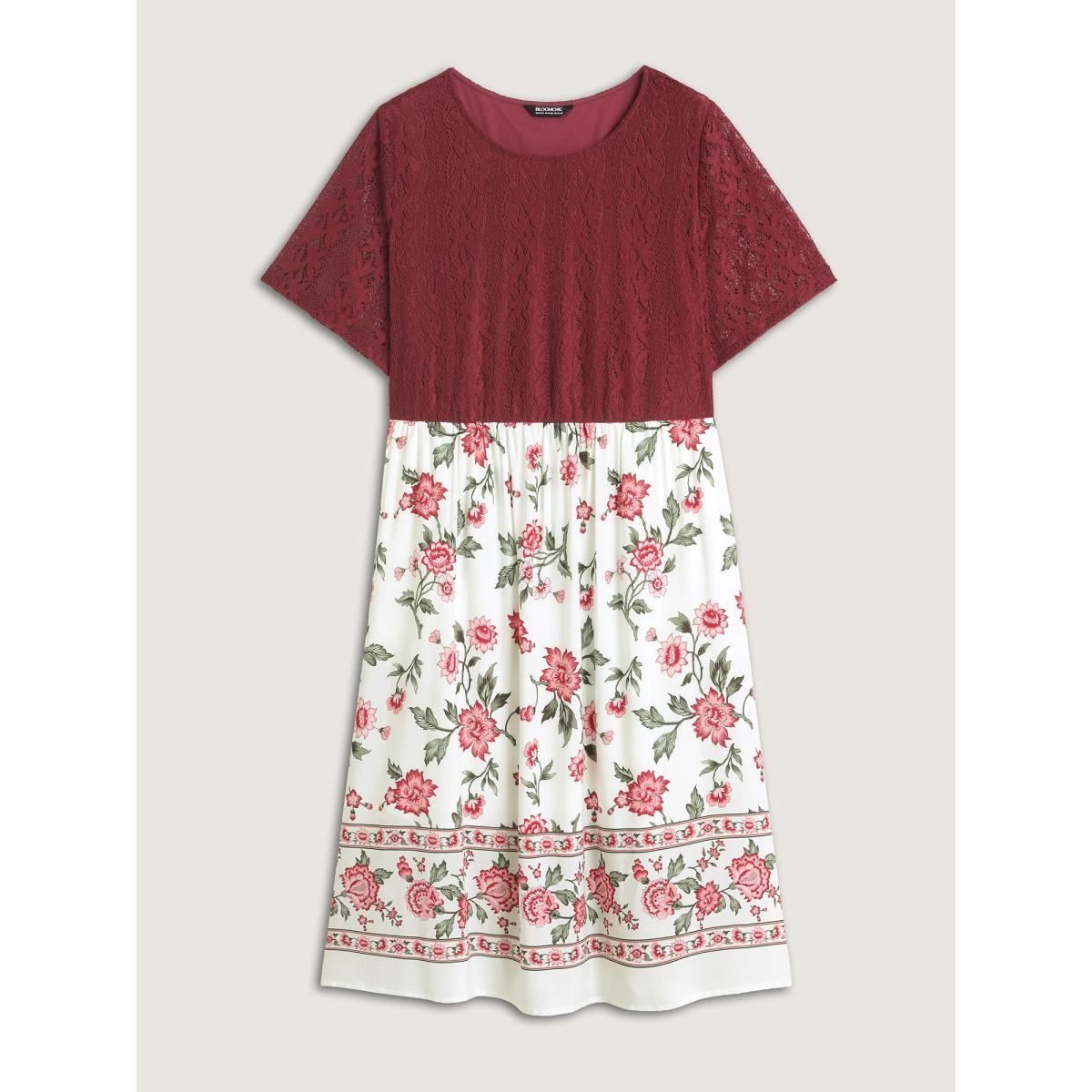 Plus Size Floral Lace Stretchy Waist Contrast Midi Dress Burgundy Women Round Neck Short sleeve Curvy BloomChic 22-24/3X Product Image