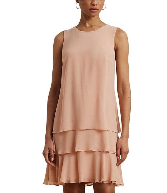 Lauren Ralph Lauren Georgette Crew Neck Sleeveless Tiered Shift Mini Dress Product Image