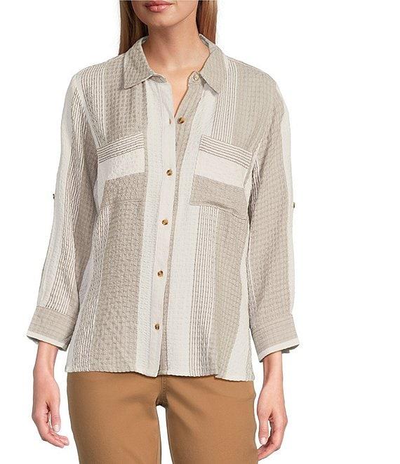 Intro Woven Stripe Point Collar Long Roll-Tab Sleeve Button Front Shirt Product Image