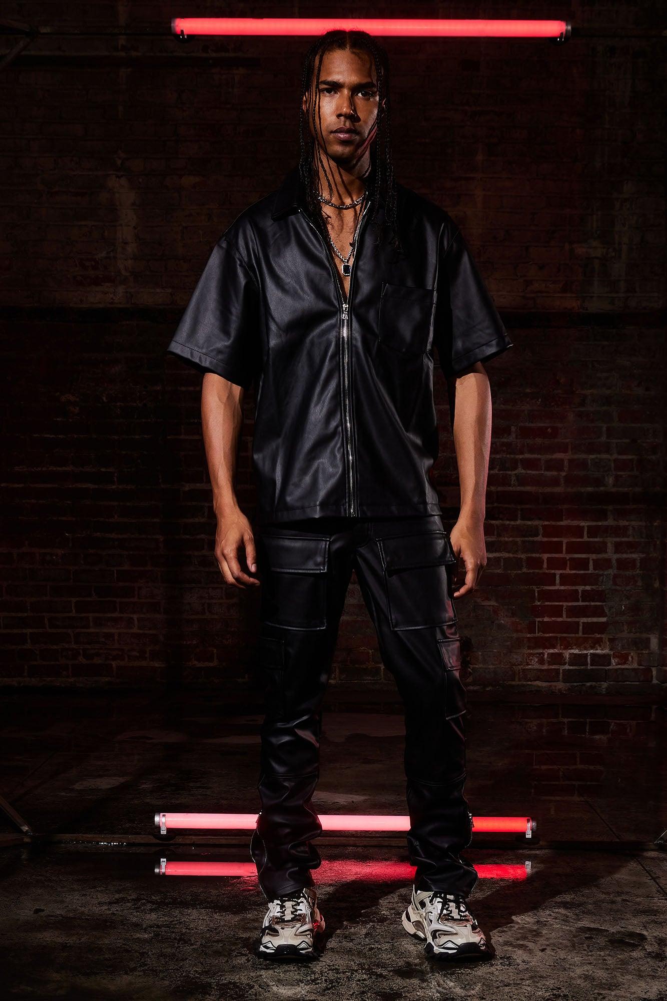 Zip It Faux Leather Slim Cargo Pants - Black Product Image