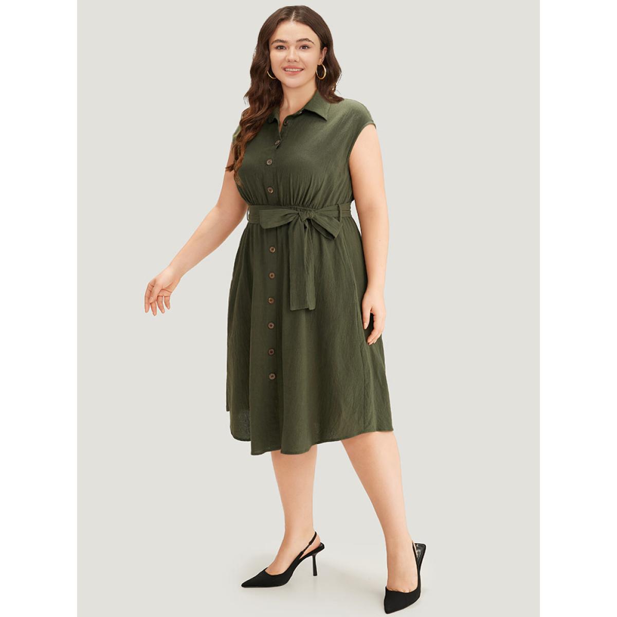 Plus Size Solid Shirt Collar Belted Button Up Tank Dress ArmyGreen Women Office Plain Shirt collar Sleeveless Curvy Knee Dress BloomChic 26/4X Product Image