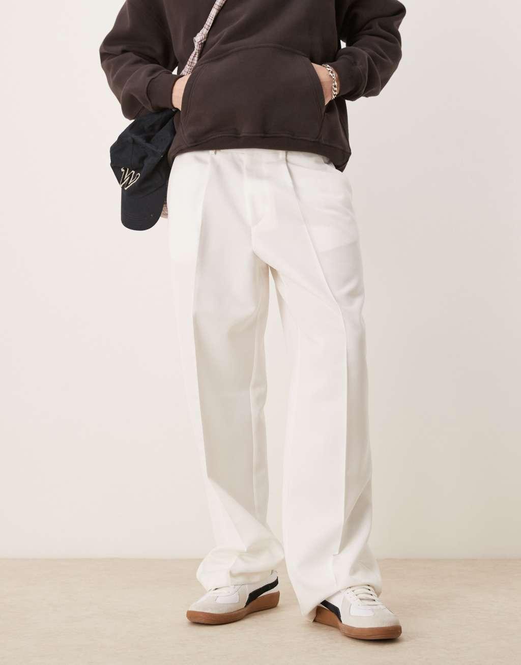 ASOS DESIGN smart wide leg pants with front pleat in white Product Image