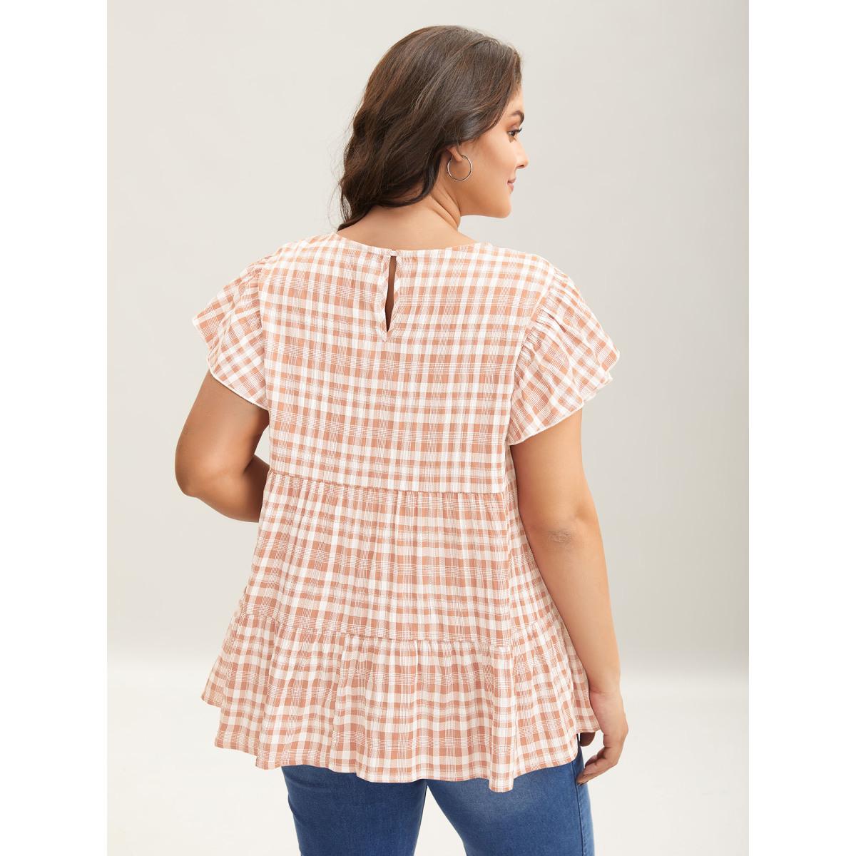 Plus Size Nudepink Plaid Print Textured Lotus Leaf Sleeve Shirt Women Casual Cap Sleeve Round Neck Everyday Blouses BloomChic 22-24/3X Product Image