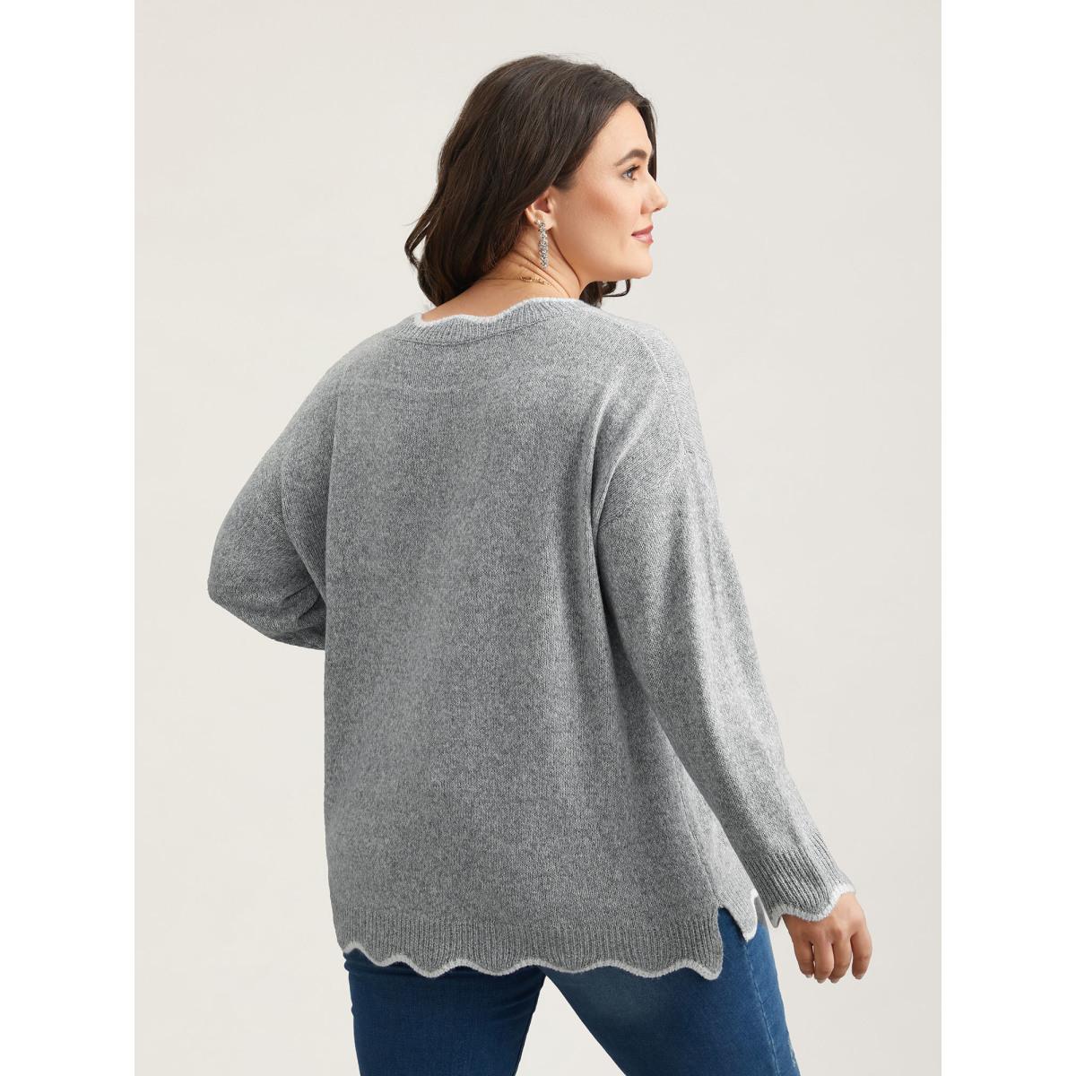 Plus Size Floral Print Jacquard V-Neck Pullover DarkGray Women Casual Loose Long Sleeve V-neck Everyday Pullovers BloomChic 10/M Product Image