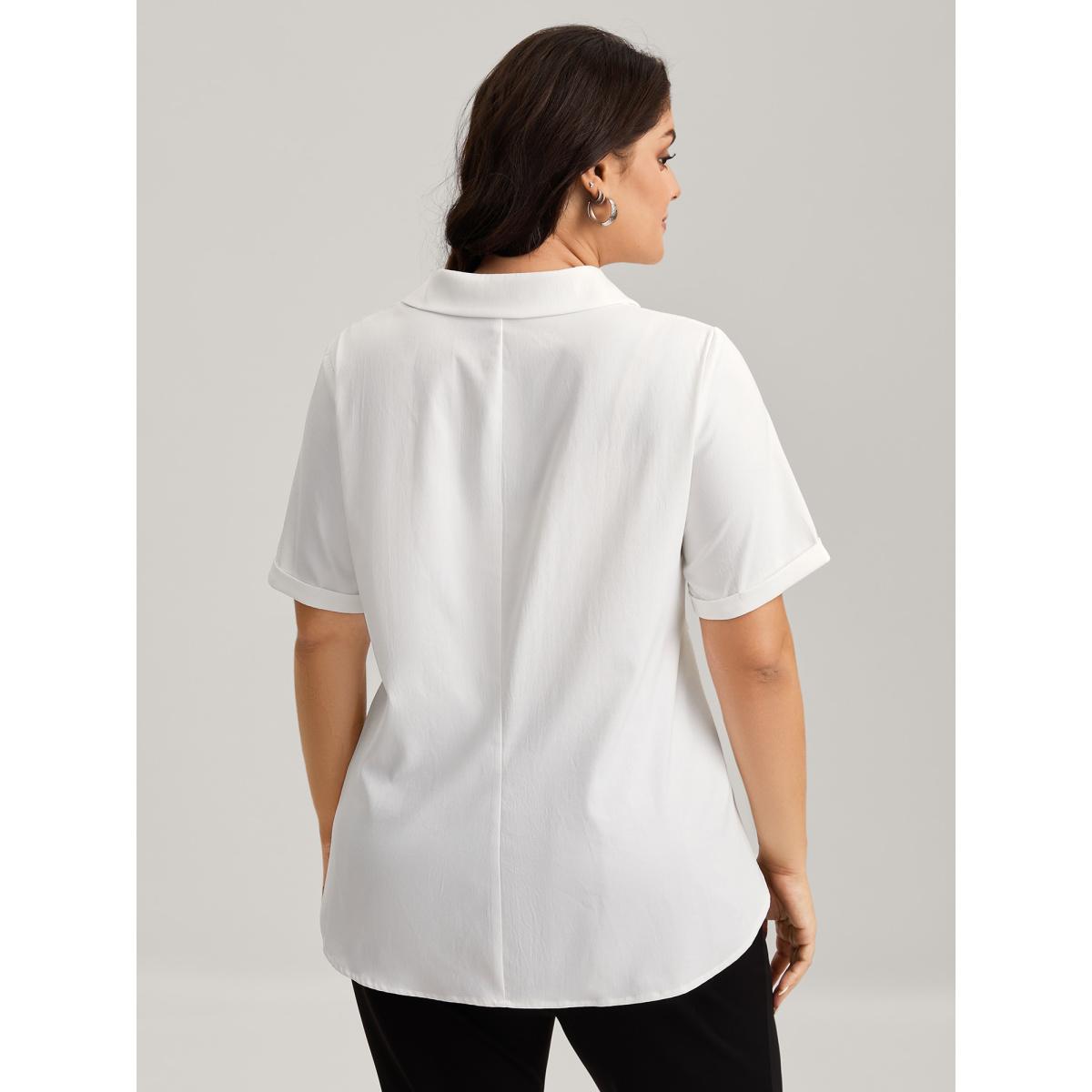 Plus Size Originalwhite Knotted Front Asymmetrical Hem Blouse Women Office Short sleeve Shirt collar Office Blouses BloomChic 12/L Product Image