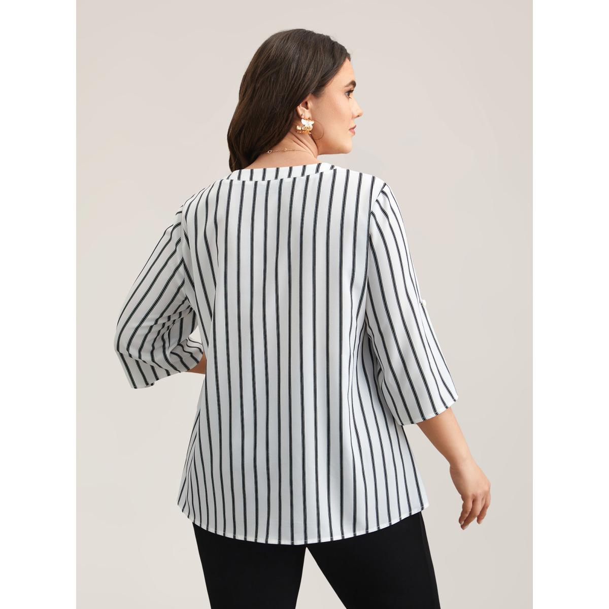 Plus Size WhiteSmoke Notched Collar Striped Tab Sleeve Shirt Women Office Elbow-length sleeve Notched collar Office Blouses BloomChic 28/5X Product Image