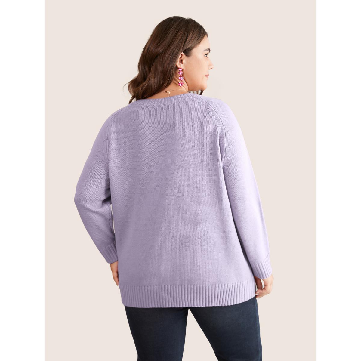 Plus Size Heart Cable Knit Two Tone Raglan Sleeve Pullover Lilac Women Casual Long Sleeve Round Neck Everyday Pullovers BloomChic 14-16/1X Product Image