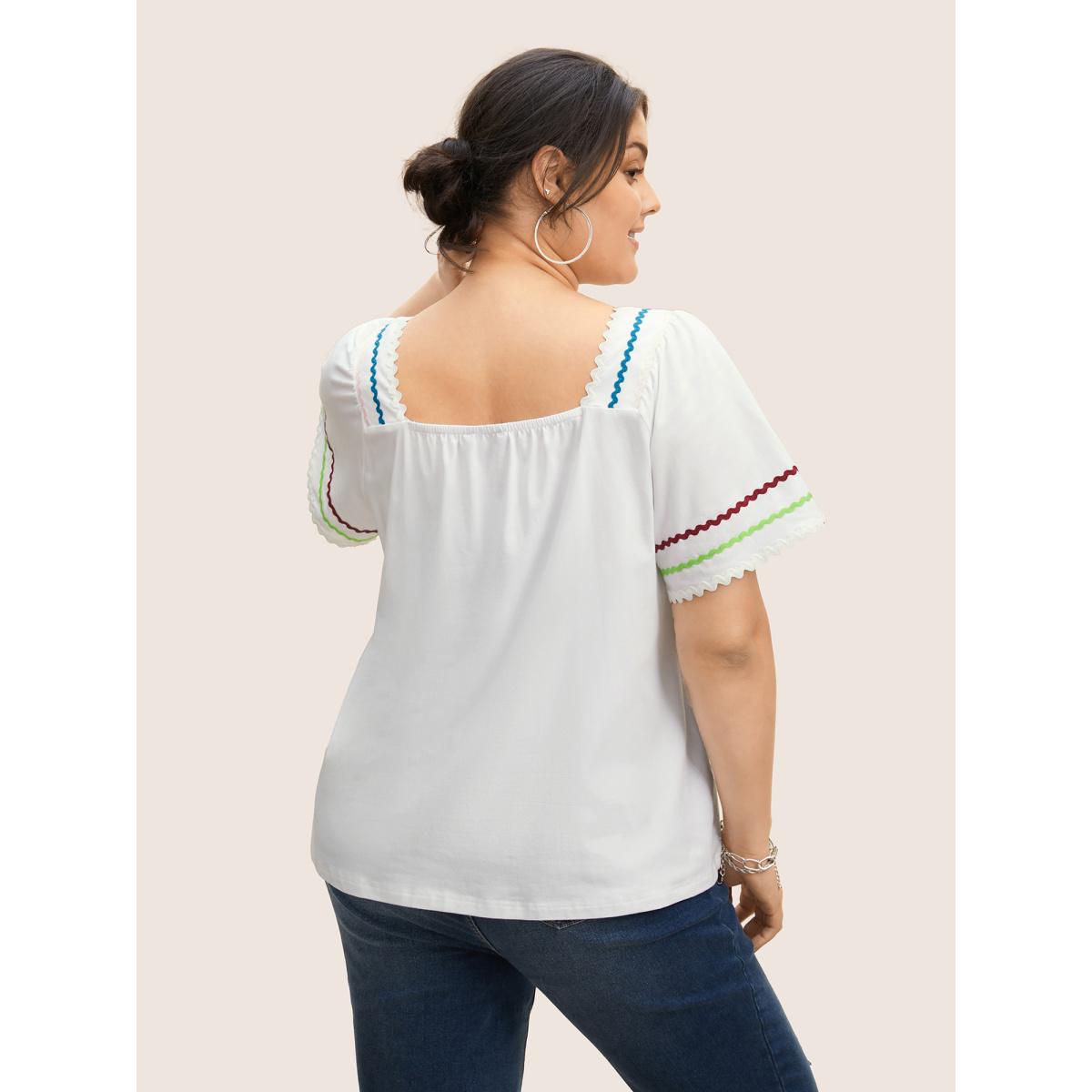 Plus Size Cotton Woven Ribbon Contrast Ruffle Sleeve T-shirt Originalwhite Women Casual Woven ribbon&lace trim Square Neck Everyday T-shirts BloomChic 30/6X Product Image