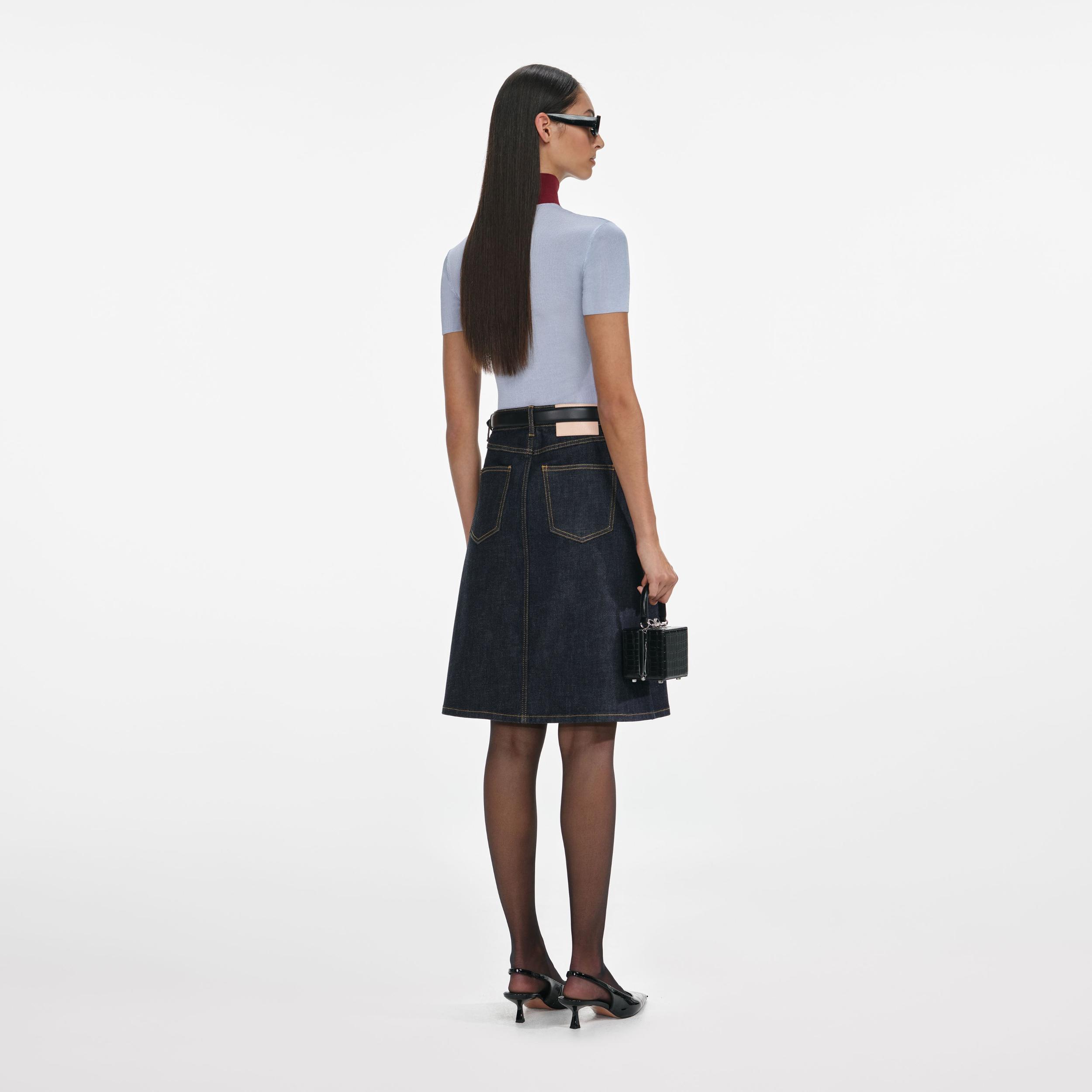 Indigo Denim Belted Midi Skirt Product Image