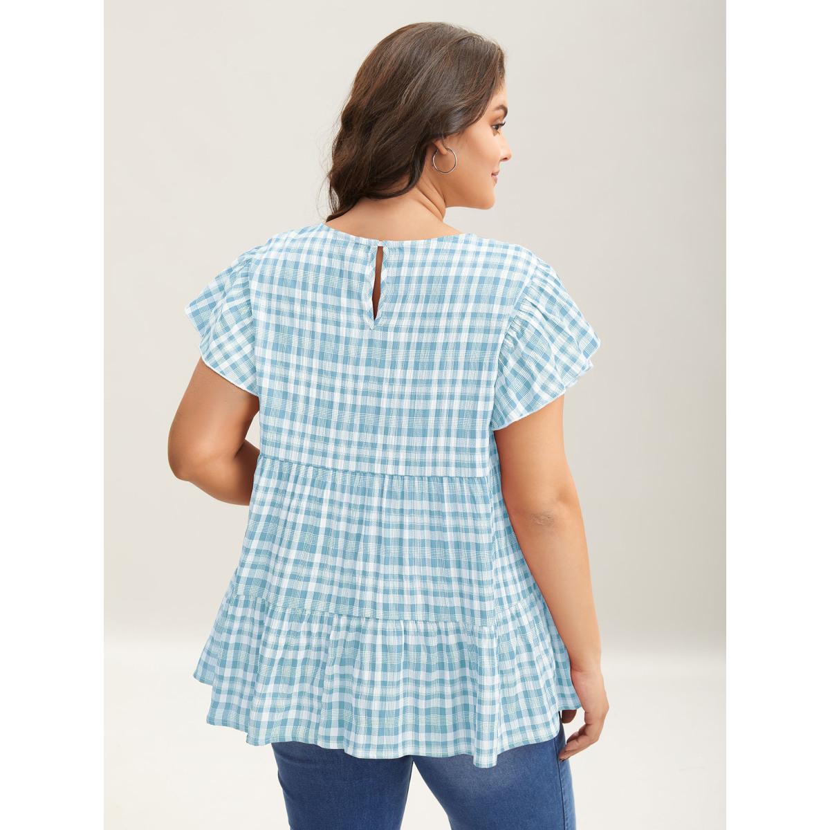 Plus Size LightBlue Plaid Print Textured Lotus Leaf Sleeve Shirt Women Casual Cap Sleeve Round Neck Everyday Blouses BloomChic 14-16/1X Product Image