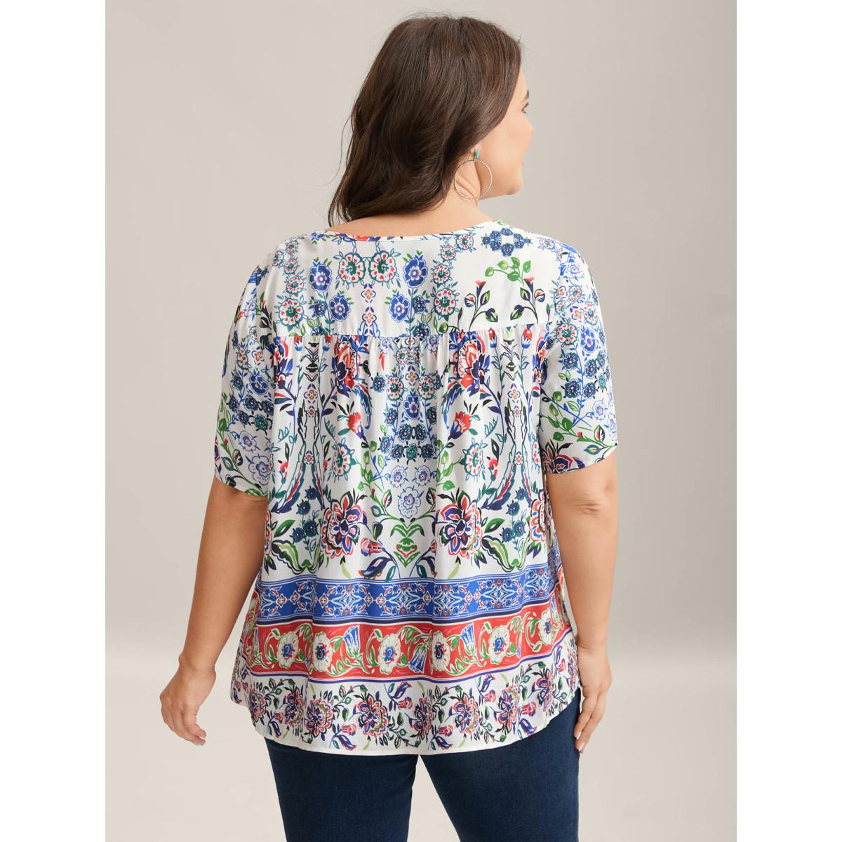 Plus Size Multicolor Rayon Floral Boho Print Lace Trim Blouse Women Short sleeve V-neck Elegant Blouses BloomChic 30/6X Product Image