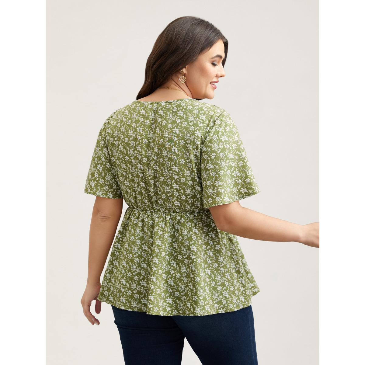 Plus Size Sage Floral Print Shirred Front Peplum Shirt Women Elegant Short sleeve V-neck Everyday Blouses BloomChic 14-16/1X Product Image