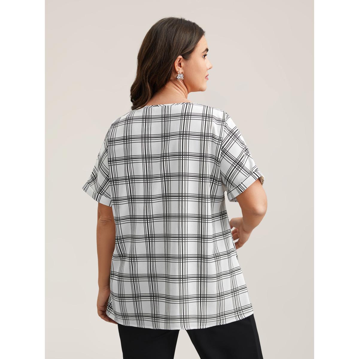 Plus Size WhiteSmoke Plaid Rolled Hem Dolman Sleeve Shirt Women At the Office Short sleeve Round Neck Work Blouses BloomChic 26/4X Product Image